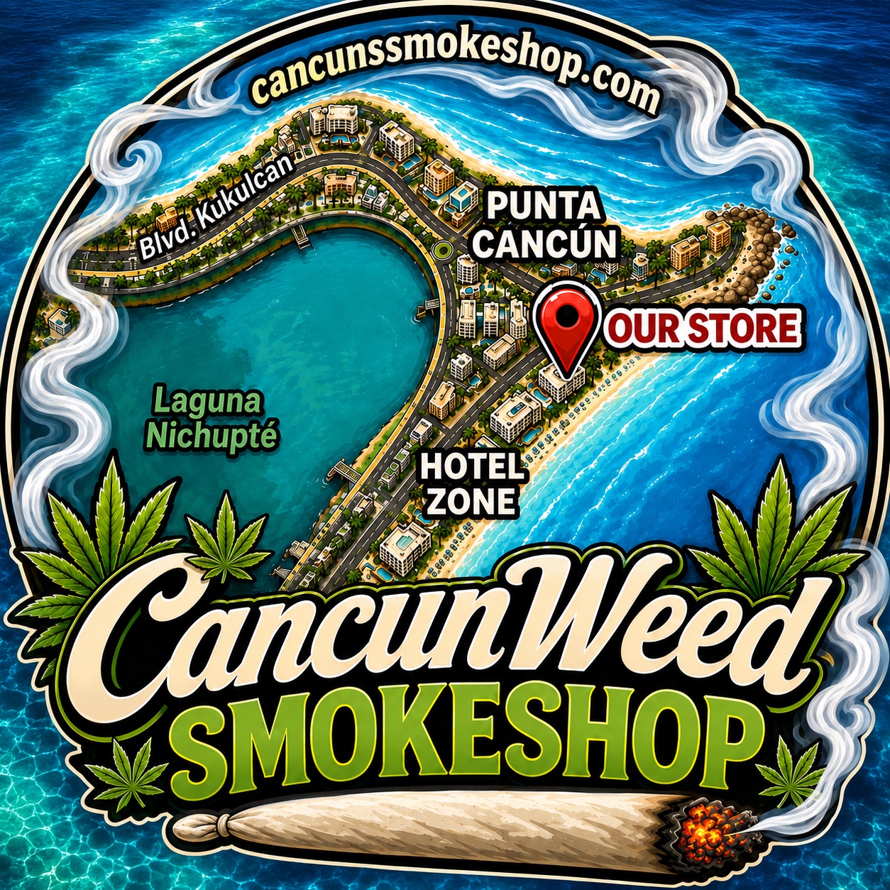 Cancun Weed Smokeshop official logo — Cancun weed dispensary and smokeshop, Hotel Zone map with store location at Punta Cancun